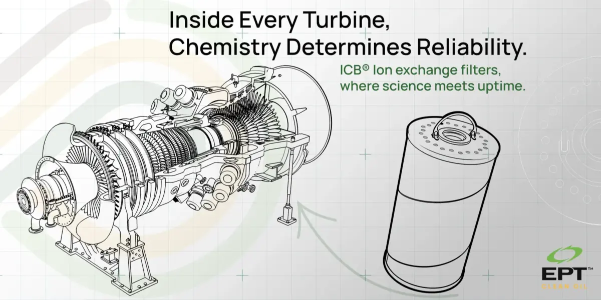 Gas turbine cutaway diagram alongside ICB ion-exchange filter for varnish removal